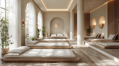 Modern Zen Spa Relaxation Room  Sunlight Streaming Through Windows