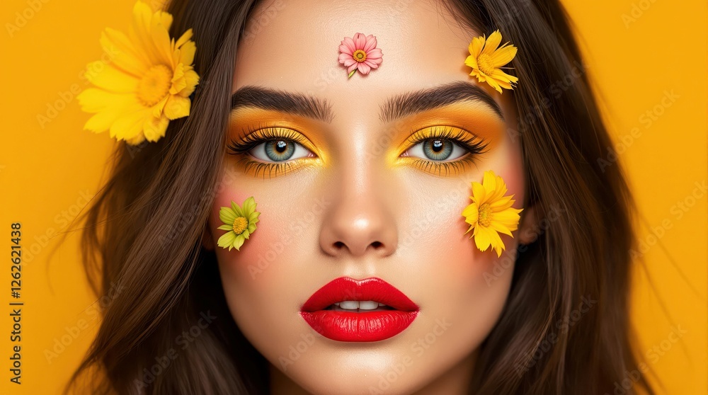 Close-up of a glamorous woman with red lipstick, styled hair, and flawless makeup, exuding beauty and elegance in a studio setting Close-up of a glamorous woman with red lipstick, styled hair, and flawless makeup, exuding beauty and elegance in a studio setting