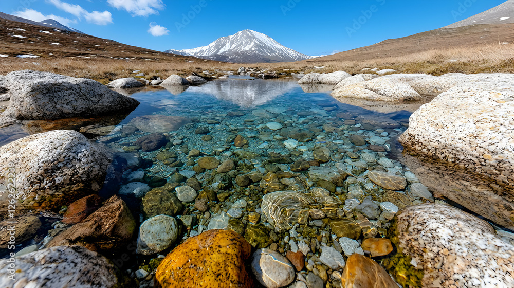 Mountain reflection in crystal clear pool, rocks, highland background, travel scenery Mountain reflection in crystal clear pool, rocks, highland background, travel scenery