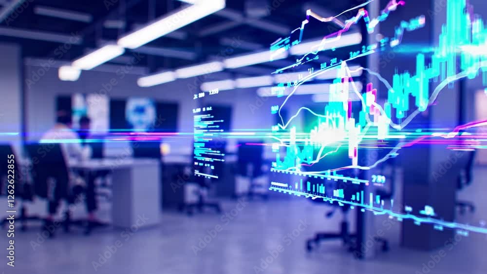 Futuristic office video with a side-angle view, showcasing digital graphs and data overlays, blending technology with a modern workspace. Futuristic office video with a side-angle view, showcasing digital graphs and data overlays, blending technology with a modern workspace.