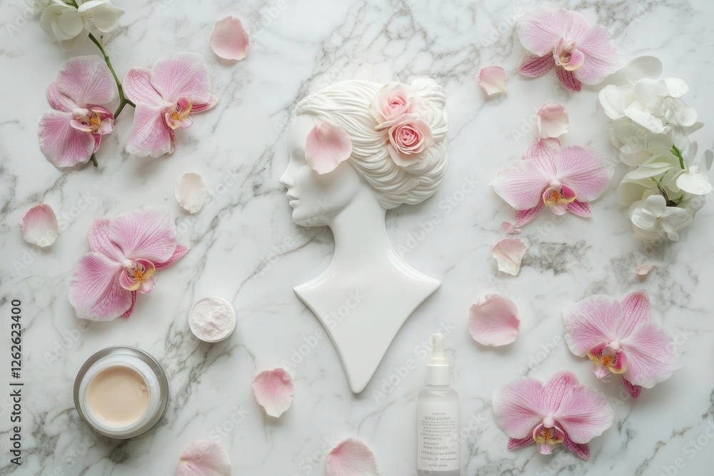 artistic overhead composition of feminine silhouette created with pink rose petals, white orchids, and beauty products on marble artistic overhead composition of feminine silhouette created with pink rose petals, white orchids, and beauty products on marble