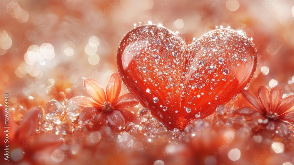 Fototapeta premium A glistening red heart rests among dewy flowers