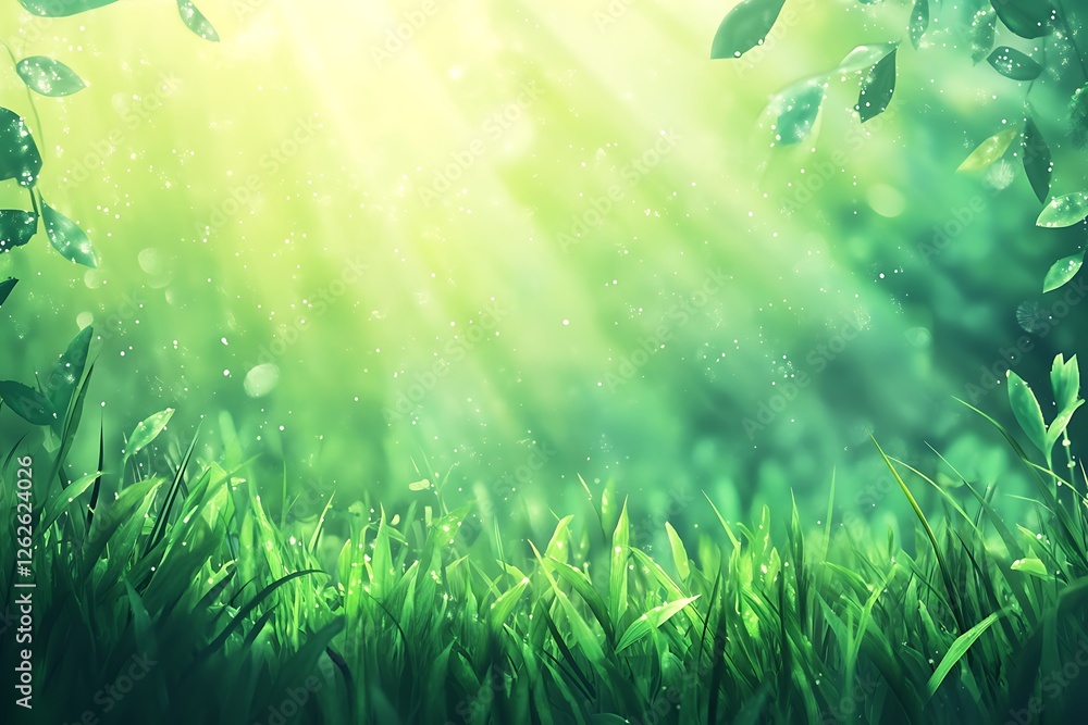 Obraz premium Sunlight filters through verdant foliage illuminating a lush meadow awakening with the vibrant energy of a new day