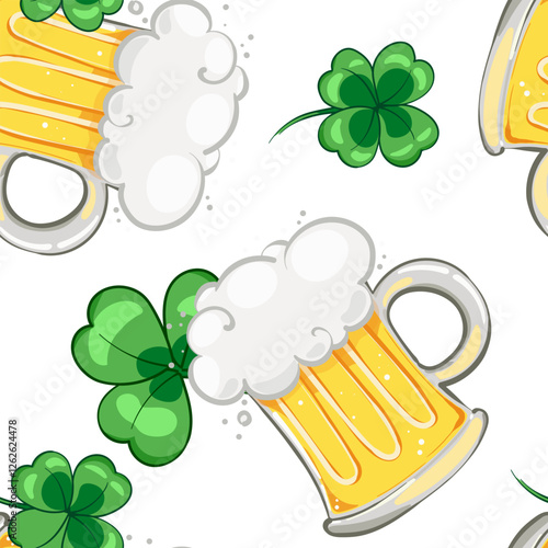 Seamless pattern with beer mugs and clover leaves, for st. patrick's day. St. Patrick's day gift wrapping seamless