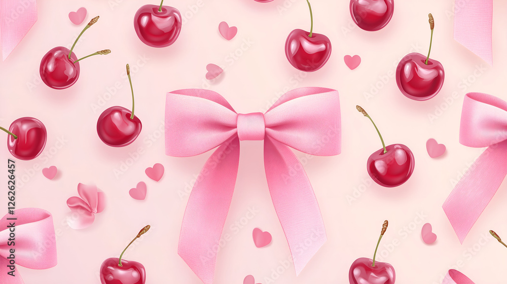 Seamless pattern with pink satin bows, red cherries, and heart shapes on a soft pastel background in a romantic design Seamless pattern with pink satin bows, red cherries, and heart shapes on a soft pastel background in a romantic design