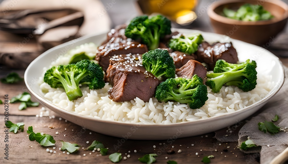 Homemade Beef and Broccoli with Rice and herbs on wooden table Homemade Beef and Broccoli with Rice and herbs on wooden table