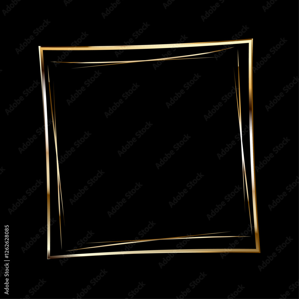 Golden curved square picture frame on a black background. Empty space for an image, painting, postcard or photograph. 3D realistic modern vector illustration of square template Golden curved square picture frame on a black background. Empty space for an image, painting, postcard or photograph. 3D realistic modern vector illustration of square template