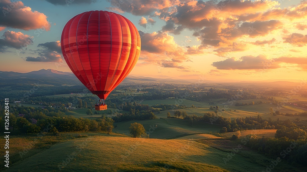 Obraz premium Red hot air balloon at sunrise over rolling hills