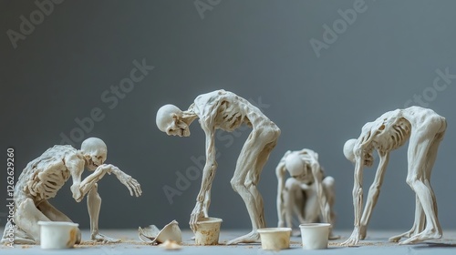 A group of people struggling with the effects of famine, with emaciated figures and empty food containers scattered around, illustrating the impact of hunger.