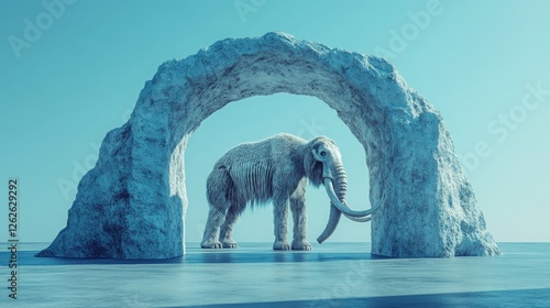 A powerful image of an extinct animal, under a stone arch, surrounded by calm icy waters, a woolly mammoth stands majestically, represented by a fossil or the empty space where it once lived. photo