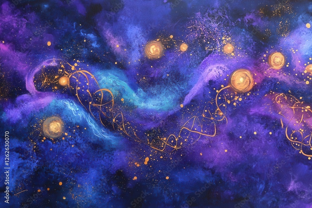 Naklejka premium cosmic genesis artwork depicting swirling galaxies, luminous dna strands, and ethereal nebulae in vibrant purples and blues with golden stardust