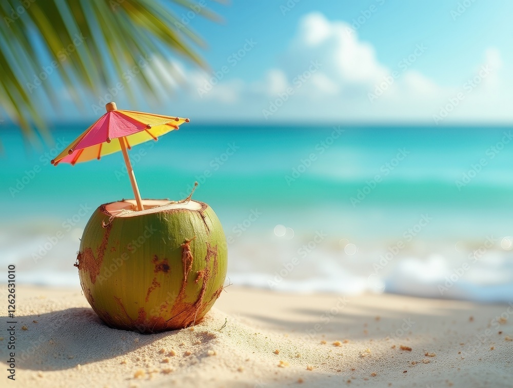 Coconut with sun umbrella on tropical beach symbolizing summer vacation Coconut with sun umbrella on tropical beach symbolizing summer vacation