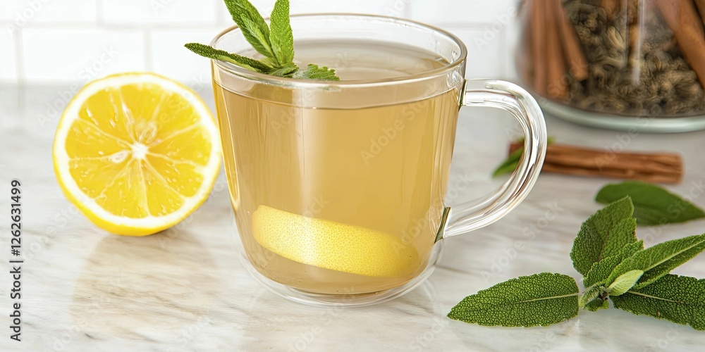 Fototapeta premium Warm herbal tea preparation for fatigue relief in a cozy kitchen, featuring fragrant ingredients and a serene atmosphere.