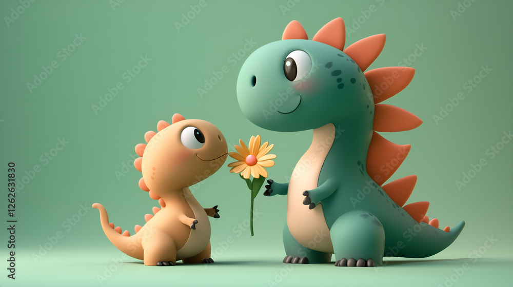 Cute cartoon dinosaurs with pastel colors sharing a flower in a heartwarming friendship moment on a soft green background Cute cartoon dinosaurs with pastel colors sharing a flower in a heartwarming friendship moment on a soft green background
