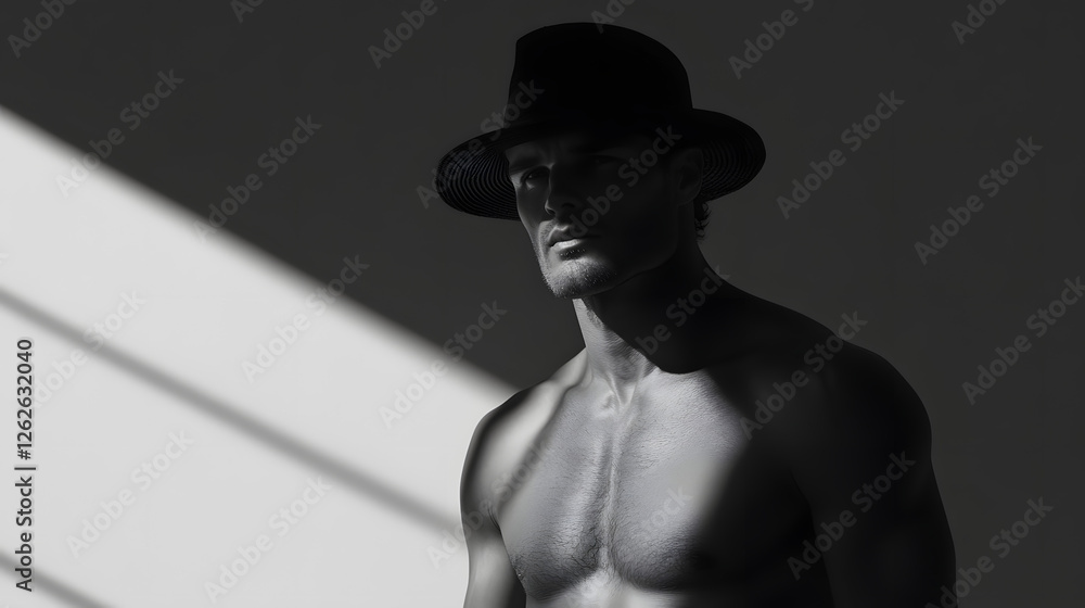 Naklejka premium Portrait of a handsome man in a hat with a naked torso