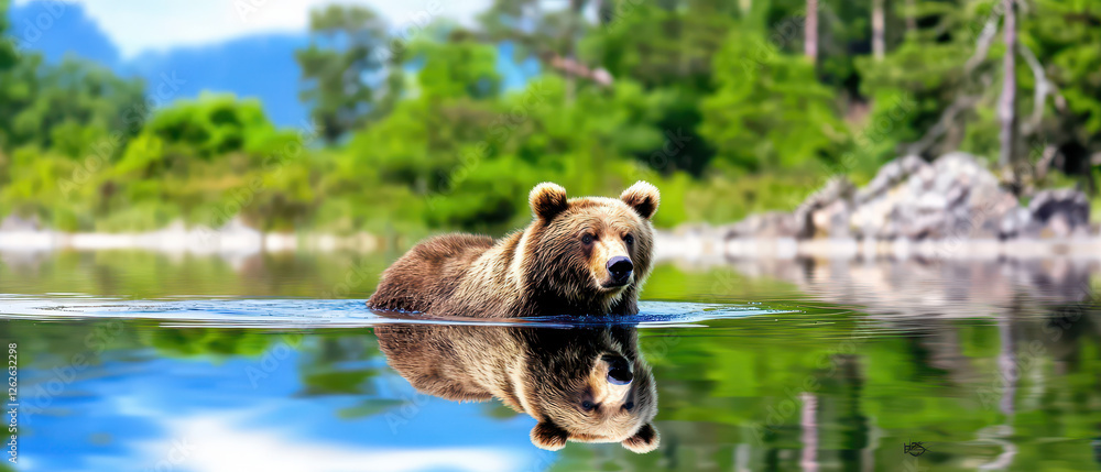 A majestic bear swims gracefully in a tranquil lake, surrounded by lush greenery and mountains, reflecting nature's beauty. A majestic bear swims gracefully in a tranquil lake, surrounded by lush greenery and mountains, reflecting nature's beauty.