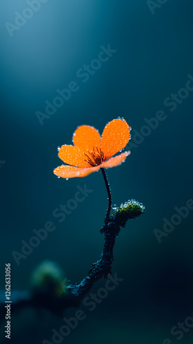 Orange flower with dew drops on a branch, close-up