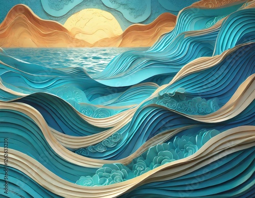 Landscape with sea waves and sunset made in origami style paper