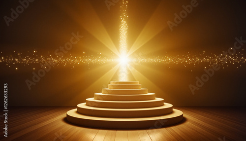 Surreal golden altar with floating light, emanating musical notes in a minimalistic setting