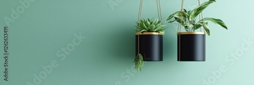 Hanging Plants in Black and Gold Pots Against a Green Wall photo