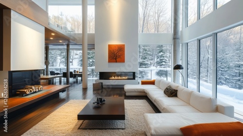 Elegant modern living room interior with view of snowy forest