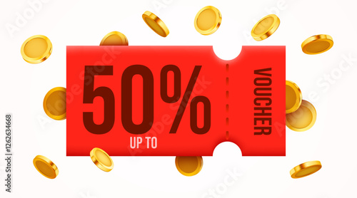 3d coupon with golden coins and present box. Special giveaway with coupons or voucher, percentage off. Gift voucher and gold coin sign template. 3d vector illustration
