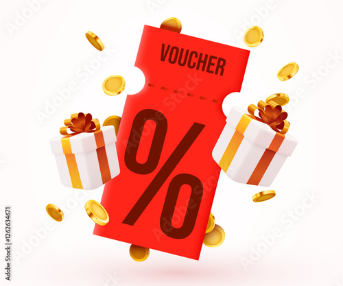 3d coupon with golden coins and present box. Special giveaway with coupons or voucher, percentage off. Gift voucher and gold coin sign template. 3d vector illustration
