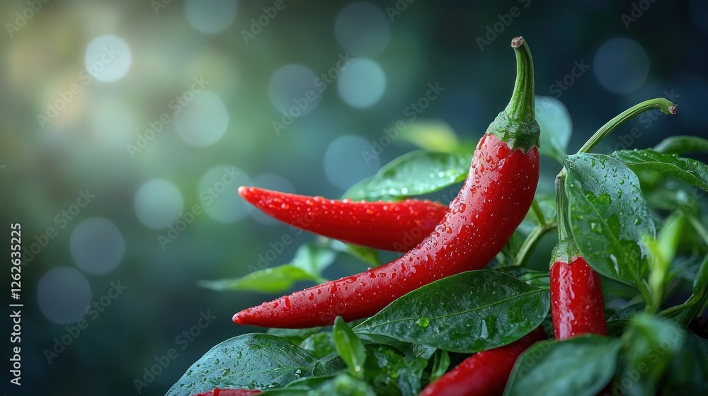 Fresh red chili peppers on leaves, vibrant bokeh background Fresh red chili peppers on leaves, vibrant bokeh background