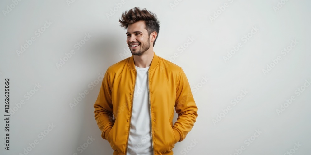 Smiling Man in a Mustard Yellow Jacket, Confident and Relaxed Studio Portrait Smiling Man in a Mustard Yellow Jacket, Confident and Relaxed Studio Portrait