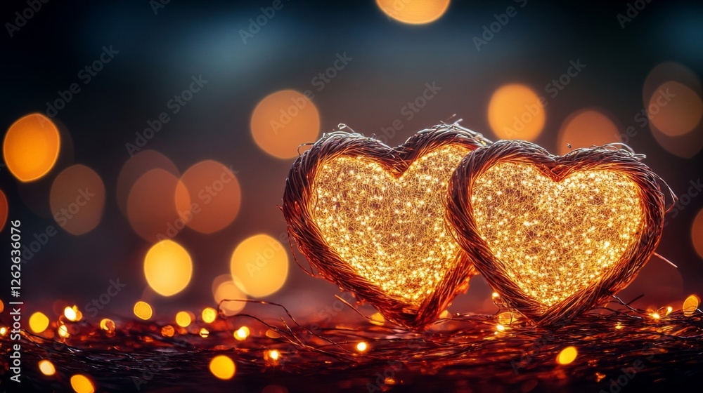 Fototapeta premium Two Illuminated Woven Hearts Romantic Glow