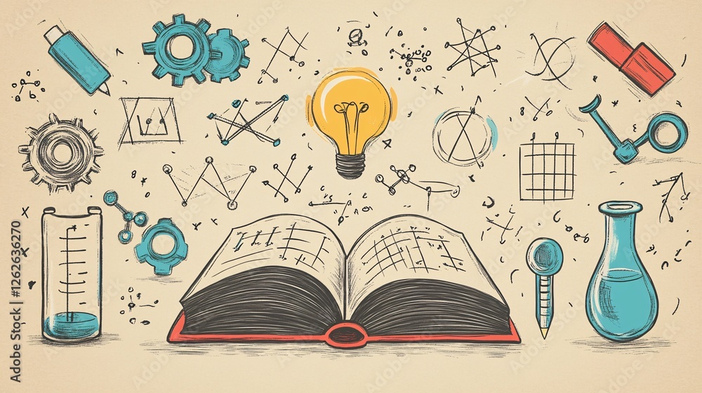 A collection of hand-drawn educational elements, such as a book, gears, and equations, on a clean background for science and study themes. A collection of hand-drawn educational elements, such as a book, gears, and equations, on a clean background for science and study themes.
