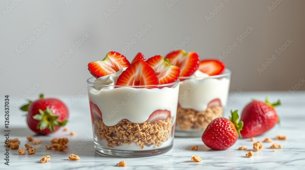 Fototapeta premium Pucharek truskawkowy z jogurtem i muesli w przezroczystym szkle na powierzchni marmuru