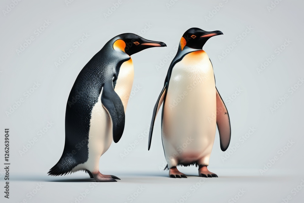 Fototapeta premium Adorable penguins standing on a pure white background. The black-and-white contrast highlights their unique appearance, making it a perfect image for wildlife, nature, and Arctic-themed designs
