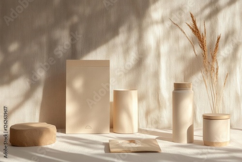 eco-friendly packaging design with minimalist geometric patterns, soft earth tones, and sustainable materials