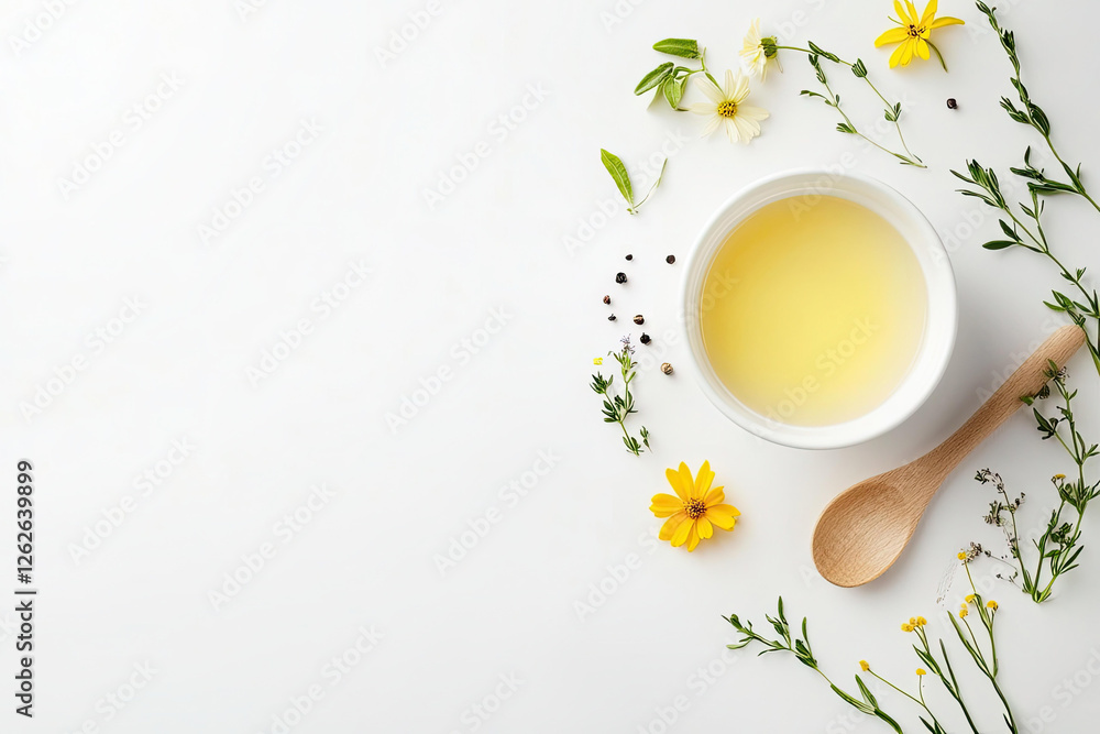 Aromatic Herbal Infusion Preparation with Yellow and White Flowers and Wooden Spoon Aromatic Herbal Infusion Preparation with Yellow and White Flowers and Wooden Spoon