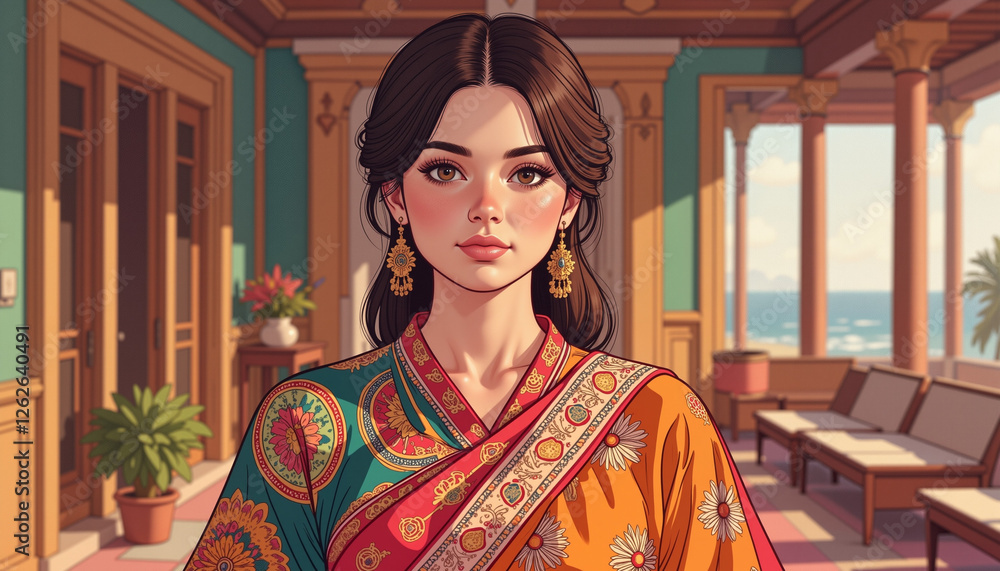 Fototapeta premium Elegant woman in traditional clothing standing indoors, cultural beauty