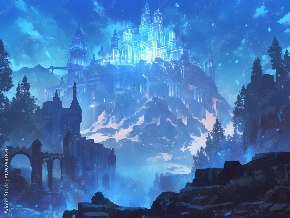 A fantasy anime-style Fortress of Solitude radiates ethereal light creating a mystical atmosphere A fantasy anime-style Fortress of Solitude radiates ethereal light creating a mystical atmosphere