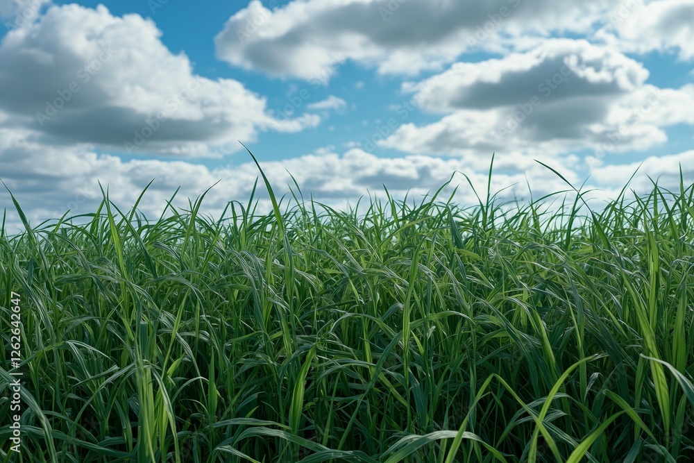 Fototapeta premium Beautiful green grass meadow and blue sky with clouds. Spring landscape background. Panoramic view of the field