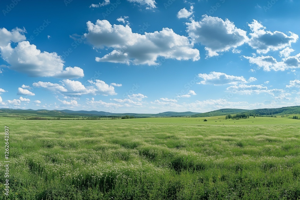Beautiful green grass meadow and blue sky with clouds. Spring landscape background Beautiful green grass meadow and blue sky with clouds. Spring landscape background