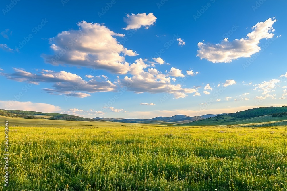 Beautiful green grass meadow and blue sky with clouds. Spring landscape background Beautiful green grass meadow and blue sky with clouds. Spring landscape background