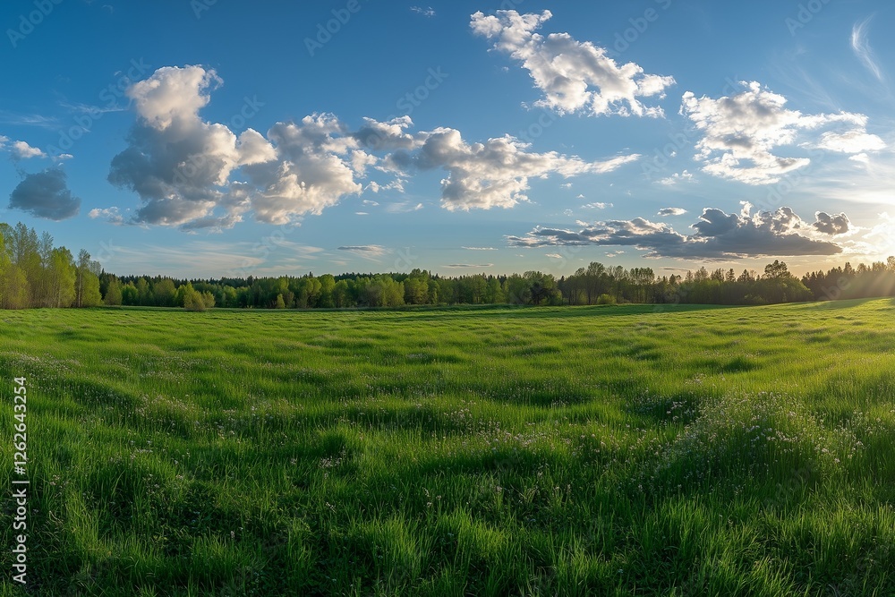 Beautiful green grass meadow and blue sky with clouds. Spring landscape background Beautiful green grass meadow and blue sky with clouds. Spring landscape background