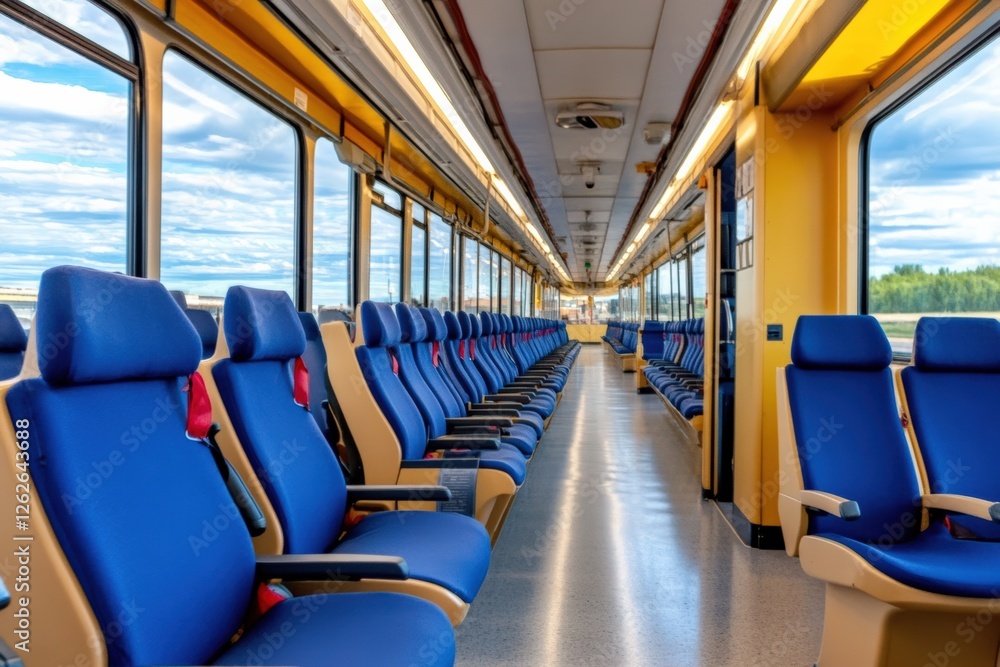 Fototapeta premium Modern train interior with blue seating, spacious layout, bright lighting, and scenic views, travel comfort concept