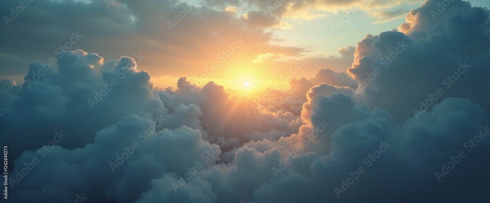 Fototapeta premium Sunrise above the clouds with rays of light in a serene sky landscape
