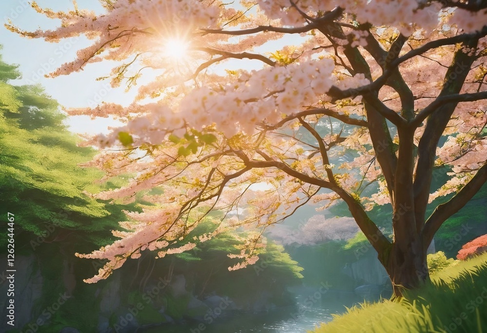 Fototapeta premium Blooming cherry blossom tree in a serene landscape with sunlight filtering through the petals
