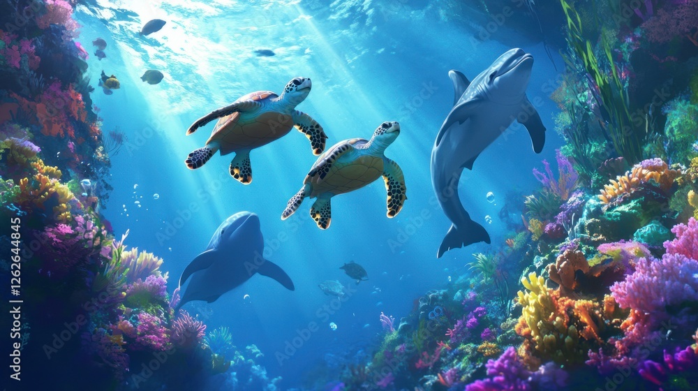 A dreamy aquatic landscape where three sea turtles glide effortlessly above a vibrant coral reef, while curious dolphins and reef sharks swim nearby. A dreamy aquatic landscape where three sea turtles glide effortlessly above a vibrant coral reef, while curious dolphins and reef sharks swim nearby.