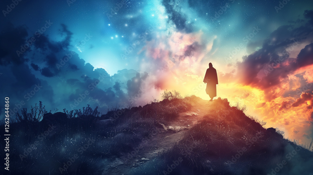 Fototapeta premium Subtle silhouette of jesus in a glowing landscape in a Christian PowerPoint Background of Church unity