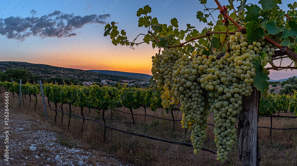 Fototapeta premium Ripe vineyard grapes ready for harvest as sun sets behind rolling hills