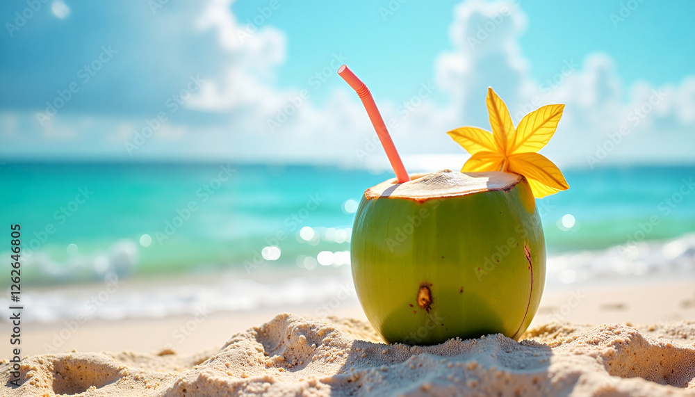 Fresh coconut with a straw and tropical garnish on a sandy beach with the ocean in the background