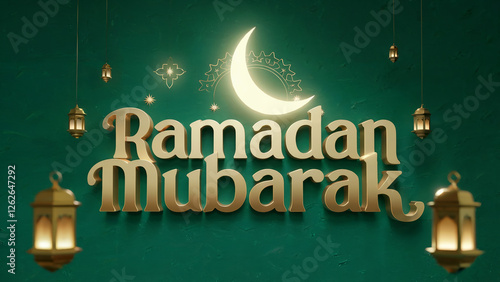 A stunning 3D-rendered Ramadan Mubarak calligraphy with a glossy golden finish, set against an emerald green textured background