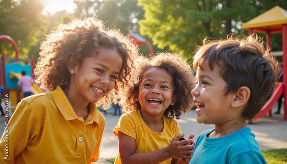 Fototapeta premium Group of children laughing together in a sunlit park, joyful expressions